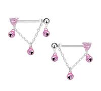 Piercing de téton en forme de cœur en cristal rose de 14 g - En acier chirurgical - Bijou de corps avec grelot et fraise - Hypoallergénique - Cadeau pour femme, M, Acier inoxydable, Zircon cubique