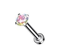 Piercing Labret Monroe en Acier Chirurgical 316 L Argenté et Oxyde de Zirconium - Zircon Rond Incrusté dans Une Bille d'Acier - Goujon à Fond Plat et Filetage Intérieur - 8 mm - (Aurore Boréale, 2)