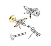 Piercing Labret Monroe en Acier Chirurgical 316L et Zirconium - Motif Libellule sertie de Zircons brillants, Piercings Oreille lobe cartilage helix visage corps, Marque Francaise (1.2 mm, Doré)