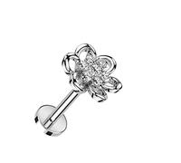 Piercing Labret pour Lèvre Menton ou Autre en Acier Chirurgical et Oxyde de Zirconium - Fleur Ajourée avec des Zircons au Centre sur un Goujon à Fond Plat et Filetage Interne - (Argenté/Clair, 8)
