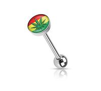 Piercing langue feuille de cannabis rouge jaune vert marijuana weed feuille verte