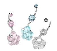 Piercing Nombril en Acier Chirurgical, Zirconium et Résine. 2 zircons colorés, une Fleur pendantes (transaprent, bleu ou rose), bijou femme ventre été summer soleil (Bleu)