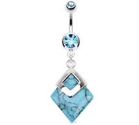 Piercing Nombril Pendentif forme Losange imitation Pierre Semi-Précieuse Opalite double strass bleu aqua bijou anneau bague boucle ventre turquoise taille vaste collection chez ile aux piercings inoxy