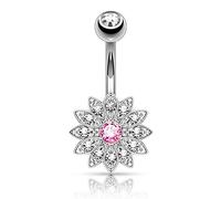 Piercing Nombril Ventre Boule Fleur Cristal Bijoux Acier Chirurgical Inoxydable Anti Allergique Banane Barbell LOUISA Rose LOVEPIERCING