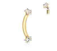 Piercing Sourcil en Acier Chirurgical 316L et Oxydes de Zirconium - Piercing Tige Courbée en Acier Argenté et Deux Etoiles en Zircon Serties - Trois Couleurs - 8 ou 10 mm - (Or Doré / Clair, 8)