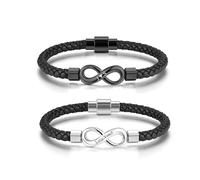 PiercingJak 2pcs Bracelets Infini Couple PU Cuir + Acier Inoxydable Bracelet Corde Tressé Noir Infinity Symbole Gourmette d'Amour et d'Amitié Cadeau Homme Femme Valentine Marriage BFF (Gravure)