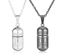 PiercingJak 2PCS Collier Couple Capsule Pendentif Bouddhiste Mantra Prière Urne Funéraire Cendres Bouteille Tube Recipient Ouvrir Acier Inoxydable Homme Femme Cadeau Amour avec Chaîne Argent+Noir