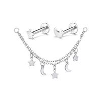 PiercingJak 3pcs Piercing Helix Cartilage Boucle d'Oreille Femme Acier Chirurgical Argent Hypoallergénique 16Ga Etoile et Lune avec Chaîne Pendentif Piercing Studs Tragus Oreilles Bijoux