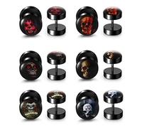 PiercingJak 6 Pairs Black Stud Earrings Fake Gauges Gothic Skull Earrings 18G Stainless Steel 00G Cheater Fake Ear Plugs Illusion Tunnel Piercing Barbell Stud Screw Earring