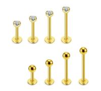 PiercingJak 8pc Piercing Labret en Acier Inoxydable Femmes 16G Piercings Oreille à Tige Poussoir sans Vis pour Tragus Conch Levre Helix Nez Cartilage Chirurgical 3mm Boule et Zircons Brillantes Or