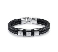 PiercingJak Bracelet Cuir Homme Personnalisé 2-4 Noms Prénoms Acier Inoxydable Perles ID Argent Bracelet Cuir Véritable Bijoux Cadeau Fête des Pères Anniversaire Noël Saint-Valentin (3 Noms Gravure)