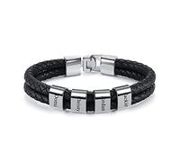 PiercingJak Bracelet Cuir Homme Personnalisé 2-4 Noms Prénoms Acier Inoxydable Perles ID Argent Bracelet Cuir Véritable Bijoux Cadeau Fête des Pères Anniversaire Noël Saint-Valentin (4 Noms Gravure)
