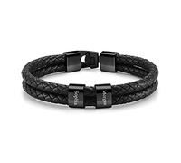 PiercingJak Bracelet Cuir Homme Personnalisé 2-4 Noms Prénoms Acier Inoxydable Perles ID Bracelet Cuir Véritable Noir Bijoux Cadeau Fête des Pères Anniversaire Noël Saint-Valentin (2 Noms Gravure)