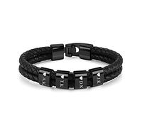 PiercingJak Bracelet Cuir Homme Personnalisé 2-4 Noms Prénoms Acier Inoxydable Perles ID Bracelet Cuir Véritable Noir Bijoux Cadeau Fête des Pères Anniversaire Noël Saint-Valentin (4 Noms Gravure)
