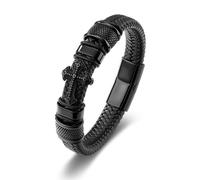 PiercingJak Bracelet en cuir noir avec croix en acier inoxydable tressé pour homme - 21,6 cm
