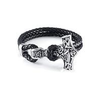 PiercingJak Bracelet Viking Cuir Homme Thor Hammer Mjolnir Marteau de Thor Odin Amulette Nordique Celtique Noeuds en Acier Inoxydable Punk Rock Vintage Super Cadeau