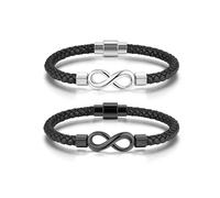PiercingJak Cadeau Valentine 2pcs Bracelet Infini Couple PU Cuir + Acier Inoxydable Corde Tressé Noir Infinity Symbole Gourmette d'Amour et d'Amitié Cadeau Homme Femme Marriage BFF (Non gravure)