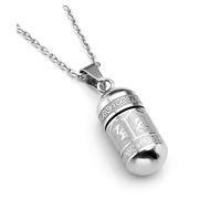 PiercingJak Collier Balle Pendentif Bouddhiste Mantra Prière Urne Cendres Funéraire Bouteille Tube Recipient Ouvrir Militaire Acier Inoxydable Homme Femme (Argent)
