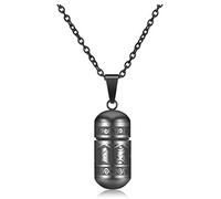 PiercingJak Collier Balle Pendentif Bouddhiste Mantra Prière Urne Cendres Funéraire Bouteille Tube Recipient Ouvrir Militaire Acier Inoxydable Homme Femme (Noir)