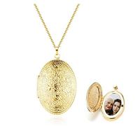 PiercingJak Collier Photo Médaillon Pendentif Ovale Ouvrant Personnalisé Gravé Fleur Vintage Porte Photo Cuivre Bijoux Cadeau Anniversaire Saint-Valentin Fête des Mères Femme Fille-Or