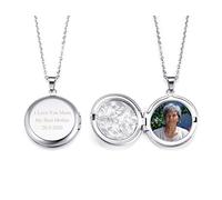 PiercingJak Collier Photo Médaillon Personnalisé Photo Graver Texte Porte Photo Pendentif Rond Ouvrant Fleur Vintage Acier Inoxydable Bijoux Cadeau Femme Homme(Argent Gravure)
