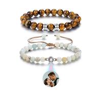 PiercingJak Lot de 2 Bracelets Pierre Naturelle Photo Projection Personnalisé, Texte Gravure, Bracelet pour Couple Homme Femme Cadeau Valentine Anniversaire (Oeil de Tigre+Amazonite)