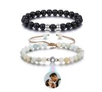 PiercingJak Lot de 2 Bracelets Pierre Naturelle Photo Projection Personnalisé, Texte Gravure, Bracelet pour Couple Homme Femme Cadeau Valentine Anniversaire (Agate Noir+Amazonite)