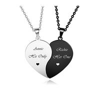 PiercingJak Lot de 2 Collier Cœur Pendentif Separable Couple Amoureux Amitié Amour pour 2 Gravure Personnalisé Puzzle Acier Inoxydable Bijoux Cadeau Femme Homme (Argent+Noir Gravure)