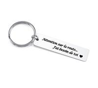 PiercingJak Porte Clef Homme Voiture Personnalisé Gravé Couple Amoureux Amitié Keychain Trousseau Acier Inoxydable Cadeau Femme Homme Saint-Valentin Anniversaire Noël(Attention sur la route)