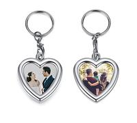 PiercingJak Porte-clés Coeur Photo Personnalisé Double Face Gravé Cadeau Couple Amitié Amoureux Saint-Valentin Anniversaire Bijoux Femme Homme Alliage Pendentif Keychain Trousseau Argent