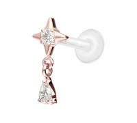 PIERCINGLINE Labret en PTFE avec filetage intérieur + embout en titane étoile + gouttes en cristal - Couleur or rose, transparent, noir, or, argent, Stablänge: 5mm | Stabstärke: 1,2mm, Titane PTFE