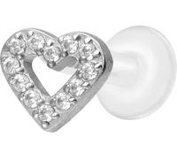 PIERCINGLINE Piercing labret en PTFE avec filetage intérieur de 0,9 mm + embout en titane en forme de cœur en cristal, 1,2 mm Stabstärke / 6 mm Stablänge, Titane titane PTFE