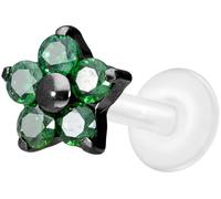 PIERCINGLINE Piercing labret en PTFE avec filetage intérieur de 0,9 mm + embout en titane fleur de cristal, 1,2 mm Stabstärke / 6 mm Stablänge, Titane titane PTFE