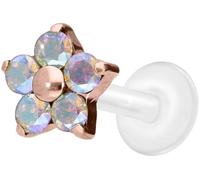 PIERCINGLINE Piercing labret en PTFE avec filetage intérieur de 0,9 mm + embout en titane fleur de cristal, 1,2 mm Stabstärke / 6 mm Stablänge, Titane titane PTFE