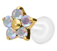 PIERCINGLINE Piercing labret en PTFE avec filetage intérieur de 0,9 mm + embout en titane fleur de cristal, 1,2 mm Stabstärke / 6 mm Stablänge, Titane titane PTFE