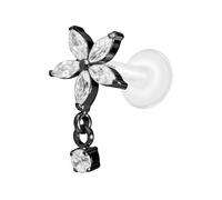 PIERCINGLINE Piercing labret en PTFE avec filetage intérieur de 0,9 mm + embout en titane fleur en cristal + cristal, 1,2 mm Stabstärke / 6 mm Stablänge, Titane titane PTFE