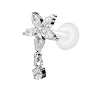 PIERCINGLINE Piercing labret en PTFE avec filetage intérieur de 0,9 mm + embout en titane fleur en cristal + cristal, 1,2 mm Stabstärke / 6 mm Stablänge, Titane titane PTFE