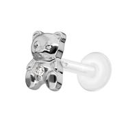 PIERCINGLINE Piercing labret PTFE avec filetage intérieur + embout en titane ours en peluche argenté Longueur de la tige : 9 mm | Épaisseur de la tige : 1,2 mm