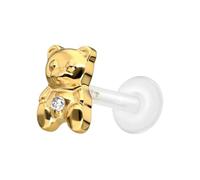 PIERCINGLINE Piercing labret PTFE avec filetage intérieur + embout en titane ours en peluche doré Longueur de la tige : 9 mm | Épaisseur de la tige : 1,2 mm