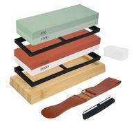 Pierre à Aiguiser Japonaise 8 en 1 - Affûteur de Couteaux 400/1000 & 3000/8000, Base en Bambou Antidérapante, Guide d'Angle et Lanière en Cuir pour Affûtage Précis des Couteaux de Cuisine, Chasse