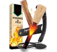 Pierre à feu 12mm | Allume-feu avec poignée en Bois Artisanale pour Une Meilleure Projection d'étincelles | Démarreur de feu + Amadou pour Allume-feu + Paracorde + Sifflet d'urgence + Sac | freigeist