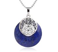 Pierre Collier-Pierre Naturelle Fleur de Vie Pendentif Collier Évider Cercle Noir Agate Pendentifs Oeil de Tigre Fit pour Femmes Hommes Charme Bijoux, Lapis Lazuli, Taille Unique