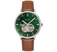 Automatique Homme TRIO Argenté Cadran Soleillé Vert Bracelet Cuir Brun 20M
