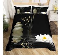 Pierre Zen Print Parure de Lit 220x240cm Meditation Lotus Sets de Housse de Couette Tranquil Nature Ouvrages d'art Housse de Couette Respirant Zen Spirituel Black Décor de Chambre