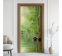 Pierres De Massage Bambou Zen Effet 3D Sticker Porte, Ondulation Lac Papier Autocollant Porte Mural Décoration, Style Chinois Oriental Stickers Muraux Amovible PVC 95x215 cm ey181