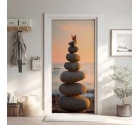 Pierres de Massage Effet 3D Sticker Porte 77x200 cm, Papillon Papier Autocollant Porte Mural Décoration, Plage Stickers Muraux Amovible PVC Y6Nc88