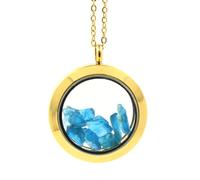 Collier Apatite Bleu Neon Brut. Modèle Médaillon 20 Mm. Couleur Or.