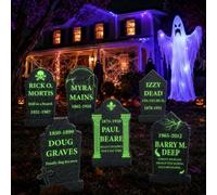 Pierres tombales d'Halloween - Décorations d'extérieur - Décoration de cour | Lot de 6 grands panneaux de cimetière effrayants en plastique avec 12 piquets métalliques phosphorescents absorbent la