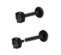 Pierstyles Lot de 2 clous d'oreilles à tige en titane avec filetage interne en oxyde de zirconium - Dos plat - Argenté/noir - Pour tragus, hélix, conque, cartilage - 6 mm, 8 mm, 10 mm, Regual, Titane