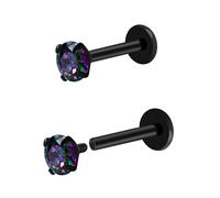 Pierstyles Lot de 2 clous d'oreilles à tige en titane avec filetage interne en oxyde de zirconium - Dos plat - Argenté/noir - Pour tragus, hélix, conque, cartilage - 6 mm, 8 mm, 10 mm, Regual, Titane